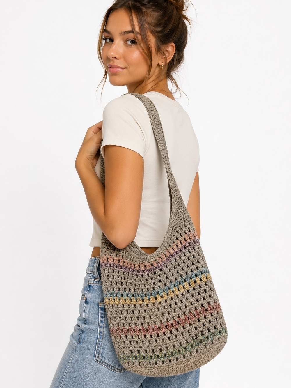 The Sak Crochet Shoulder Bag Boho Hobo Tote Back to School Multicolor